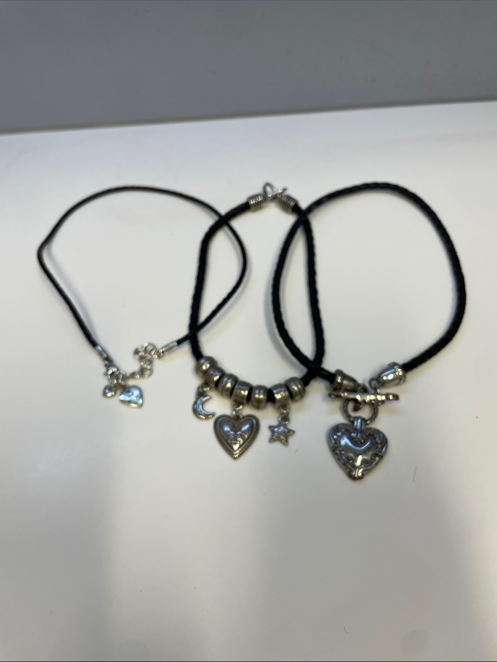 BRIGHTON Black Cord Bracelet Trio SET.   with Silver Heart Charms